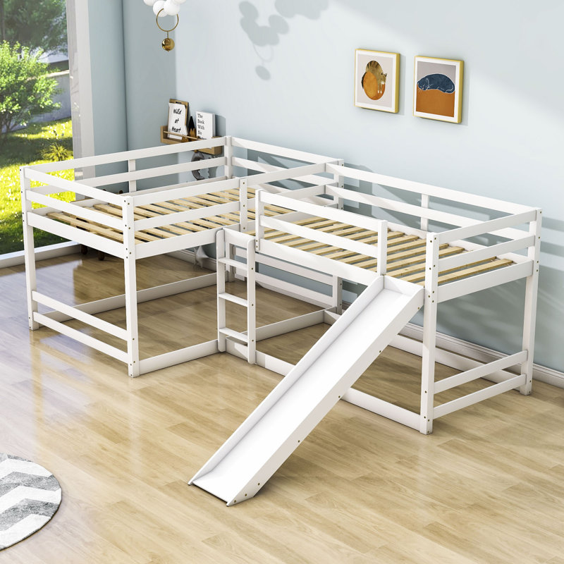 Erl Full Over Full and Twin Over Twin L-Shaped Bunk Beds with Slide, White