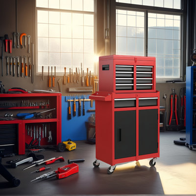 Coffre à outils, armoire de rangement à outils à 5 tiroirs avec coffre à outils amovible, doublure, roues verrouillables universelles, tablette réglable, mécanisme de verrouillage, chariot à outils en métal pour atelier de garage