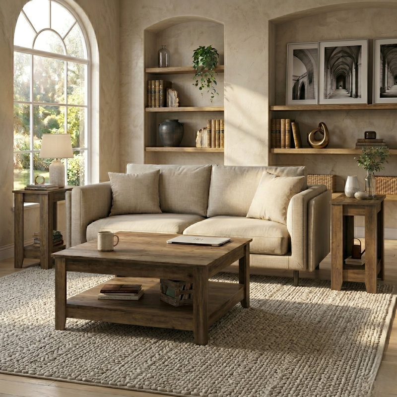 Weddel Basilico Modern Farmhouse 3 Piece Living Room Table Set, Knotty Oak