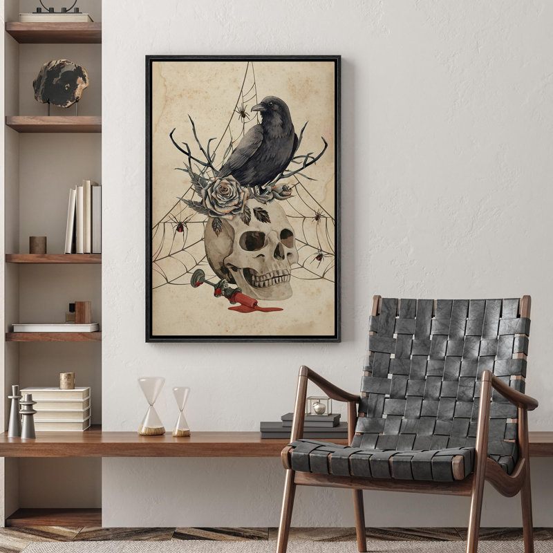 Moineau debout sur un squelette, horreur moderne, gothique, maussade, illustrations sombres, œuvre d'art moderne