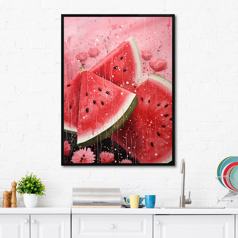 Fruit pastèque rose pointillisme encadré sur toile, Cadre noir, H 20 po x l 12 po x P 1 po
