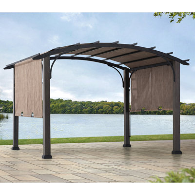 Sunjoy 10’ x 12’ Pergola, Outdoor Steel Arched Pergola with Adjustable Canopy and Natural Woodgrain Metal Posts for Patio, Backyard, and Garden, Tan