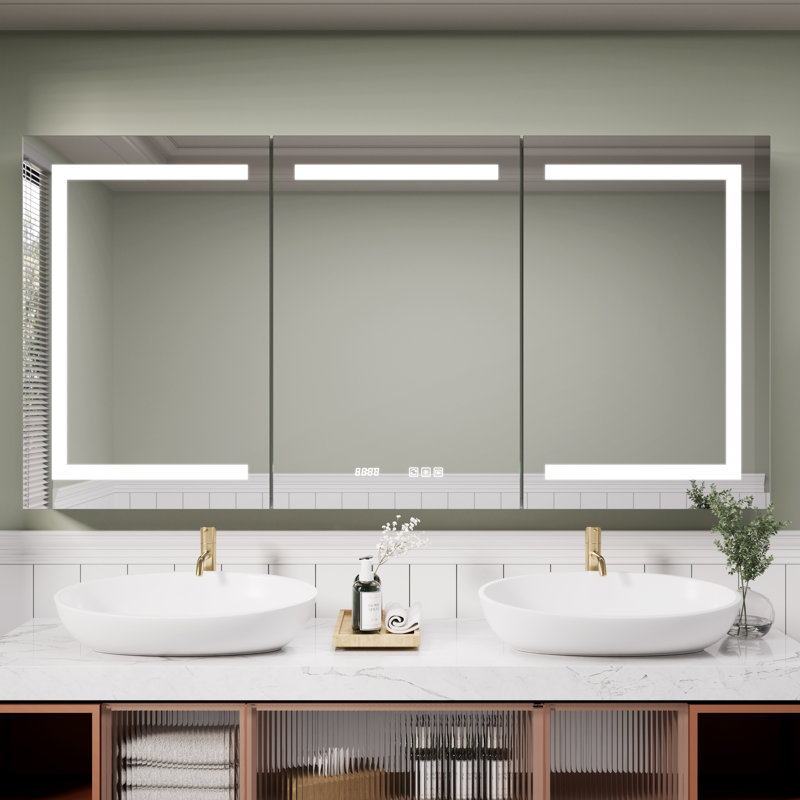 48 In. W X 30 In. H Rectangular Silver Aluminum Recessed/Surface Mount Lighted Medicine Cabinet With Mirror And Clock