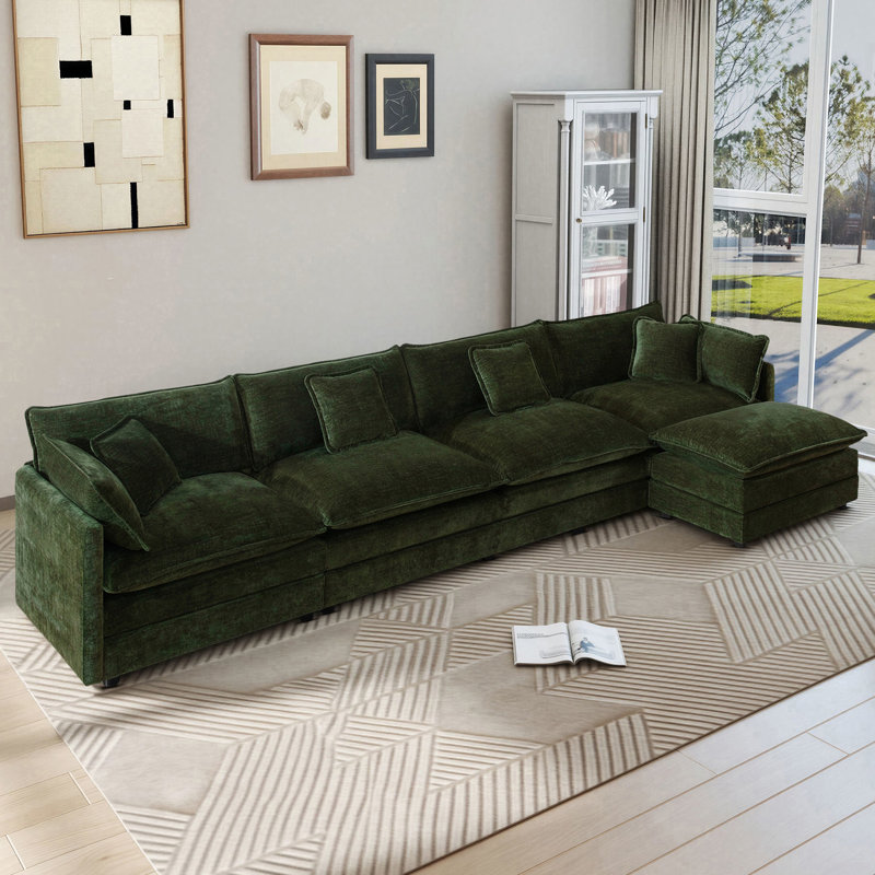 Clitheroe 5-Seaters 146.6" Modular L-Shaped Chenille Upholstered Sectional Sofa, with Movable Ottoman, Green Chenille