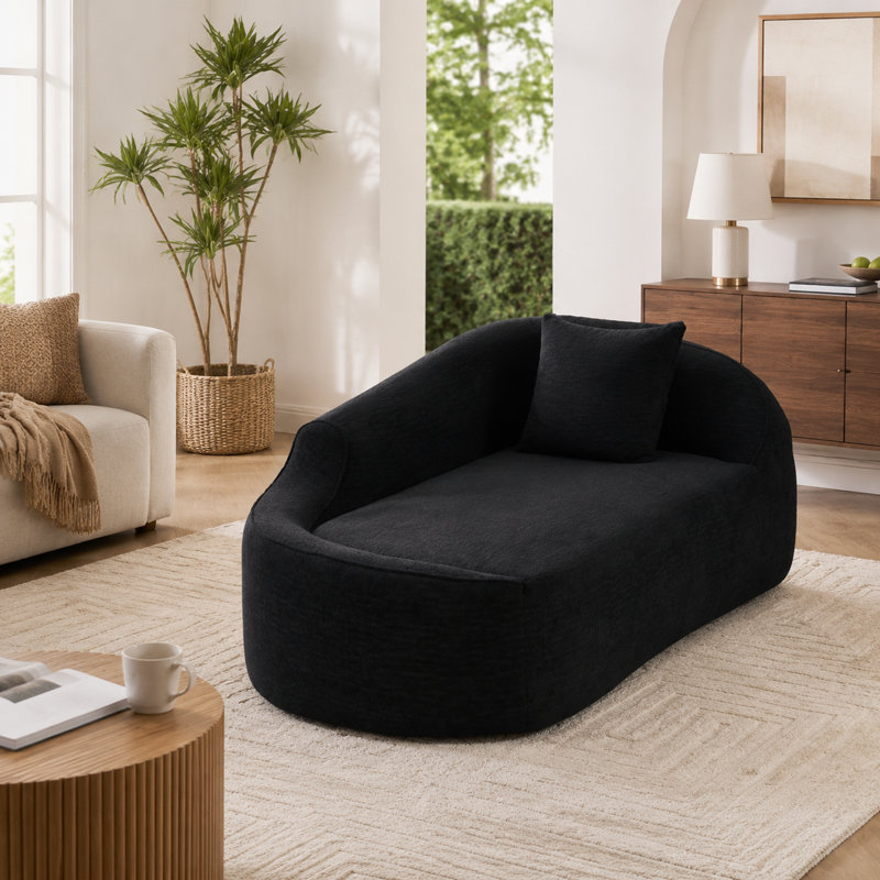 Fauteuil méridienne incurvé LY-048, canapé-lit deux places moderne en chenille avec assise profonde et coussin, noir