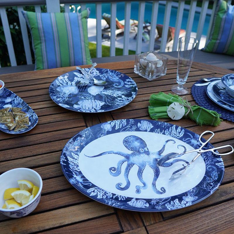 Sea Life Blue and White Melamine Round and Oval Platter Set
