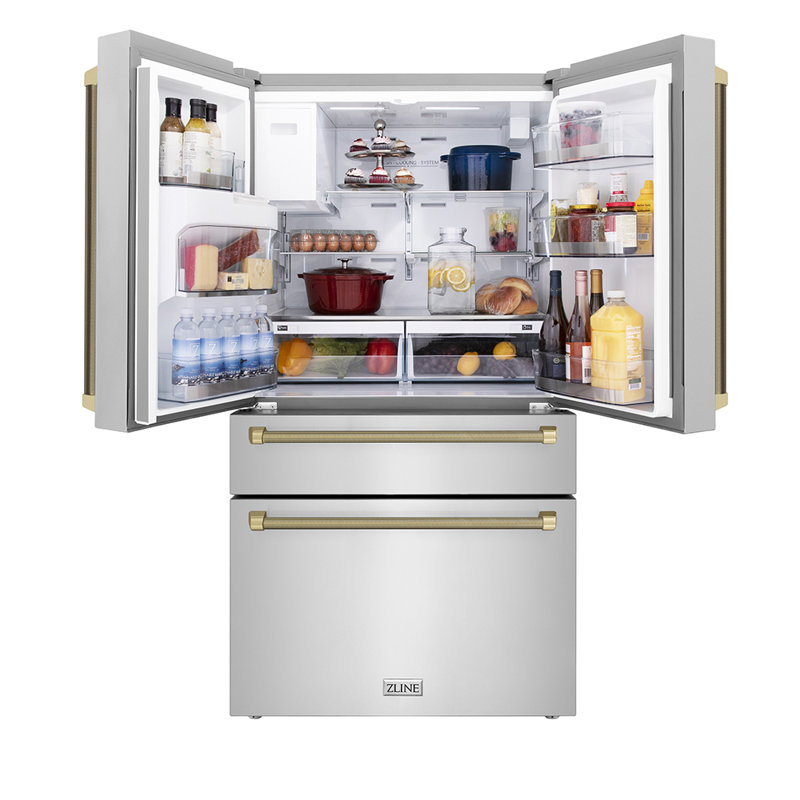 ZLINE Autograph 36 in. Stainless Counter-Depth Fridge w/ Water Dispenser & Gold Helix Handles, Champagne Bronze