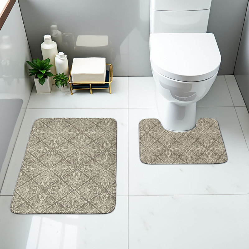  Ensemble de 2 tapis rétro pour salle de bain, taupe et beige
