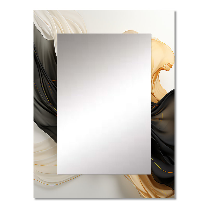 Gold And Black Soft Wave Fusion IV - Abstract Shapes Mirror, Modern Decorative Wall Mirror, Printed Metal Art, 40" x 30"