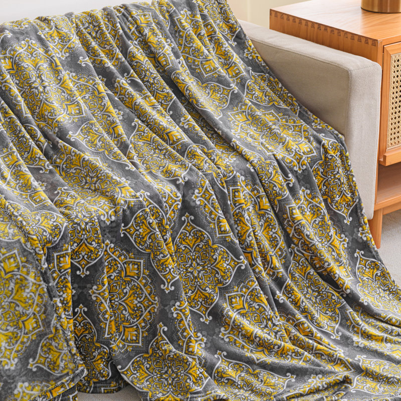 Couverture en peluche imprimée, Très grand, Damas, Bleu gris