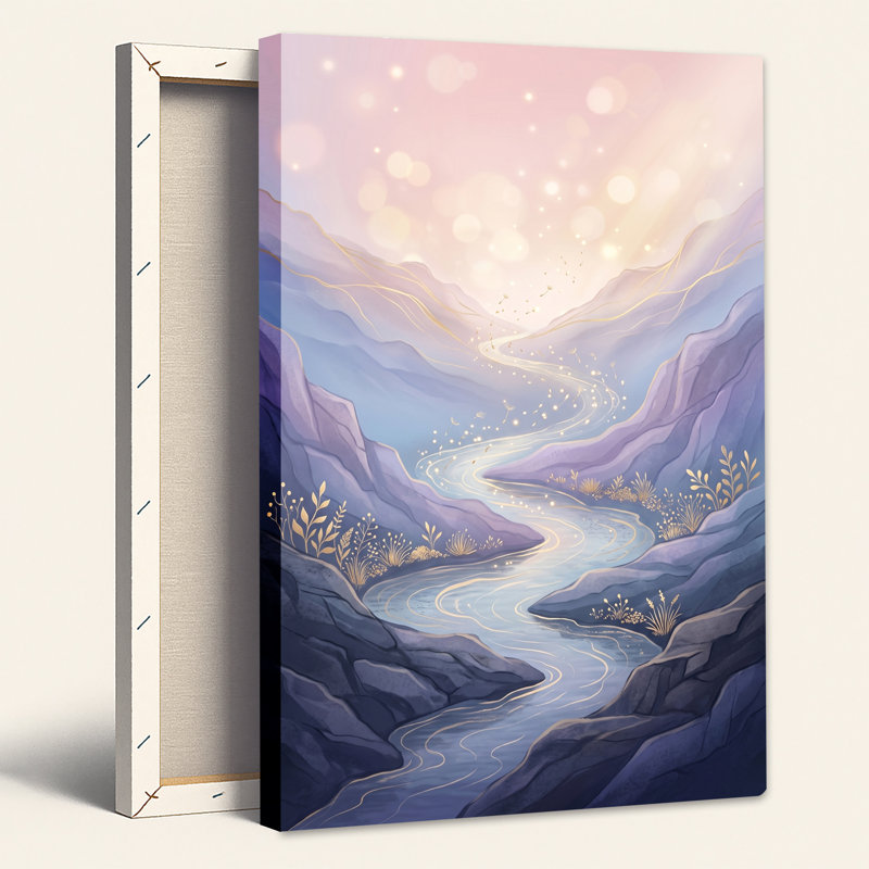 «Winding River Through Mauve Mountains with Golden Lights», art mural sur toile, H 24 po x l 18 po