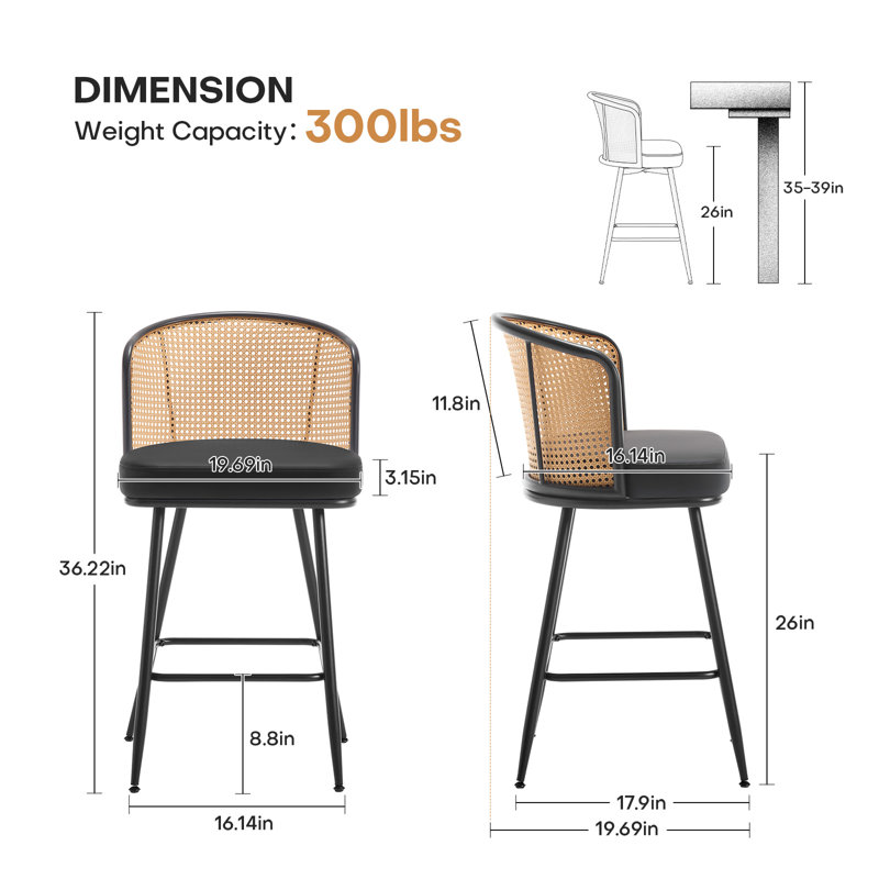 Tabouret rembourré Cane, Tabouret de comptoir (siège d'une hauteur de 26 p, Noir, 3