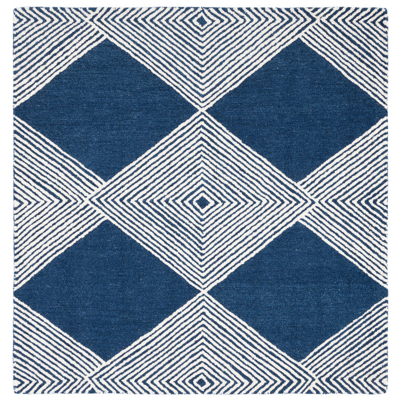 Konopka Geometric Handmade Tufted Wool Navy/Ivory Area Rug, Square 5'