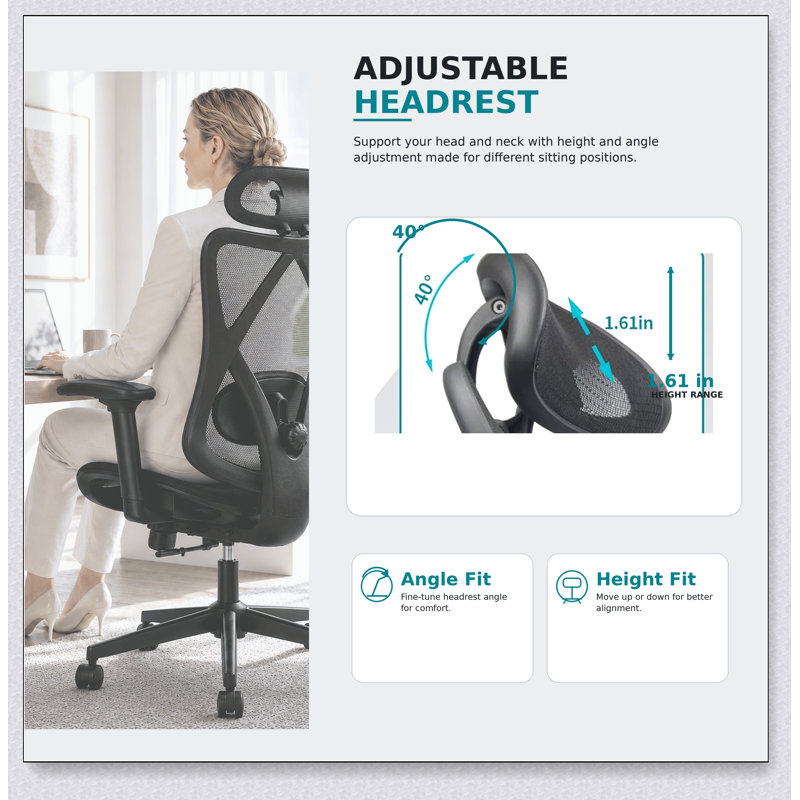 Chaise de bureau ergonomique en maille à dossier haut avec soutien lombaire réglable, appui-tête et accoudoirs pour un confort d'assise optimal.