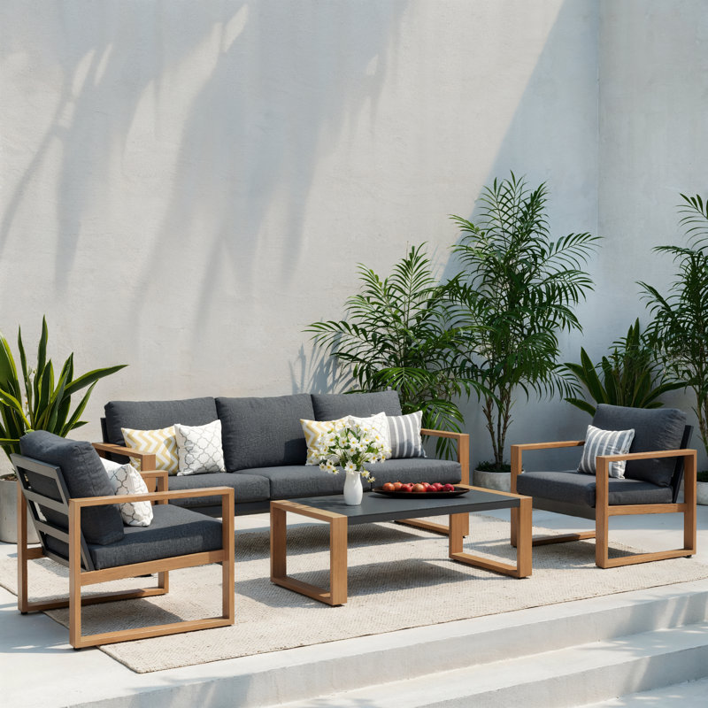 Berau Arunas 5-Person Aluminum Outdoor Conversation Set with Wood-Grain Finish & Weather-Resistant Cushion