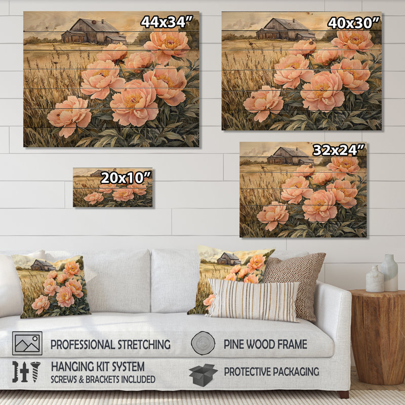 Ferme pivoines dans le bac à grain IV - Décoration murale en bois de pivoines - sur bois de pin naturel