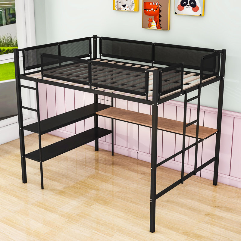 Lit mezzanine double en métal avec tablettes, bureau intégré et échelles