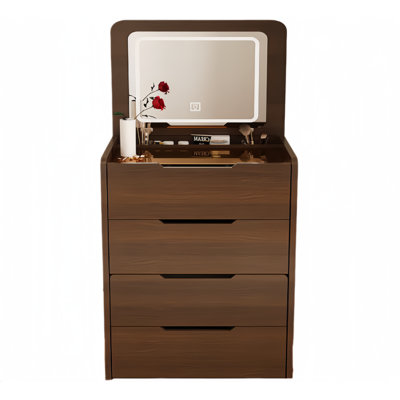 (60cm) 3-in-1 Walnut Vanity Desk - Flip-top Lighted Mirror, Glass Desktop & 3 Drawers With Stool For Bedroom