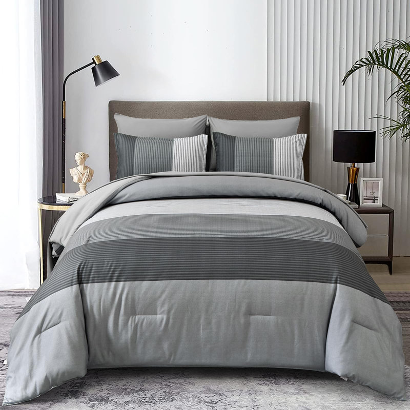 7 Pieces Striped Comforter Set Lightweight Microfiber with Comforter, Pillowcases, Pillow Shams, Flat Sheet & Fitted Sheet