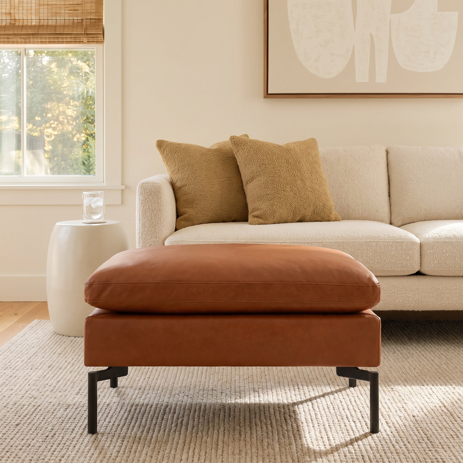 New Standard Upholstered Ottoman, Dark Brown Genuine Leather