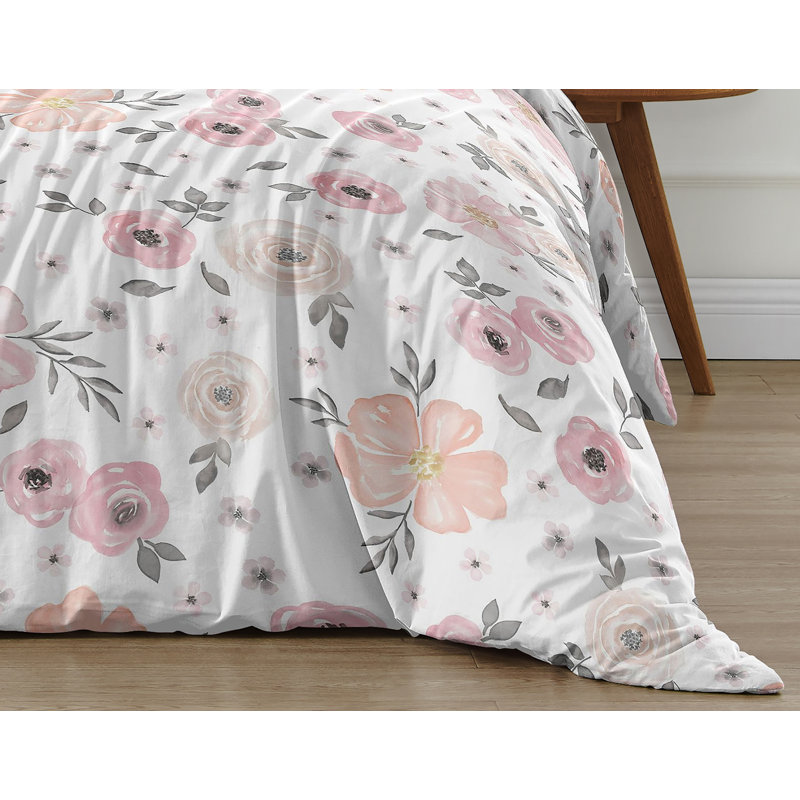 Blush Pink and Grey Floral Cotton Queen Duvet Cover Set