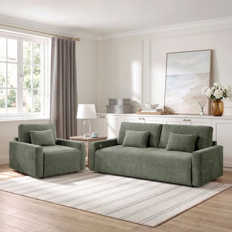 Ensemble de canapé de salon 2 pièces en tissu texturé avec abris de charge et couchettes convertibles Garde, Vert