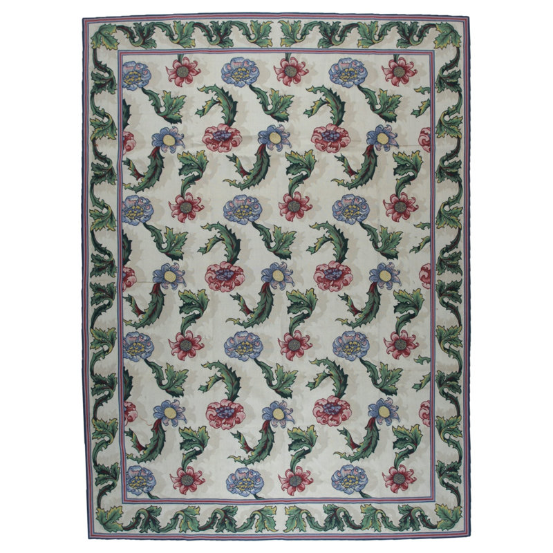 Tapis tissé à plat Vintage Aubusson, ivoire 9 pi 0 po x 12 pi 0 po