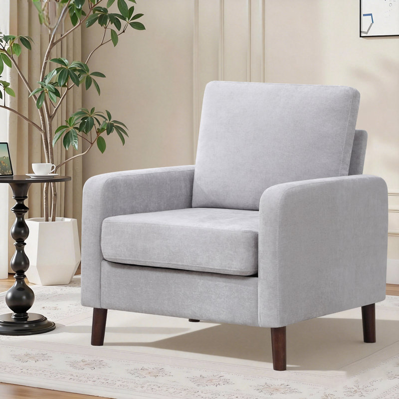 Stylish Upholstered Fabric Accent Chair with Sturdy Solid Wood Legs, Light Gray