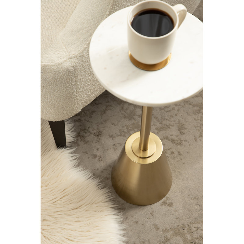 Round Marble and Metal Drink Table, Gold, White, 22" H x 10" W x 10" D         