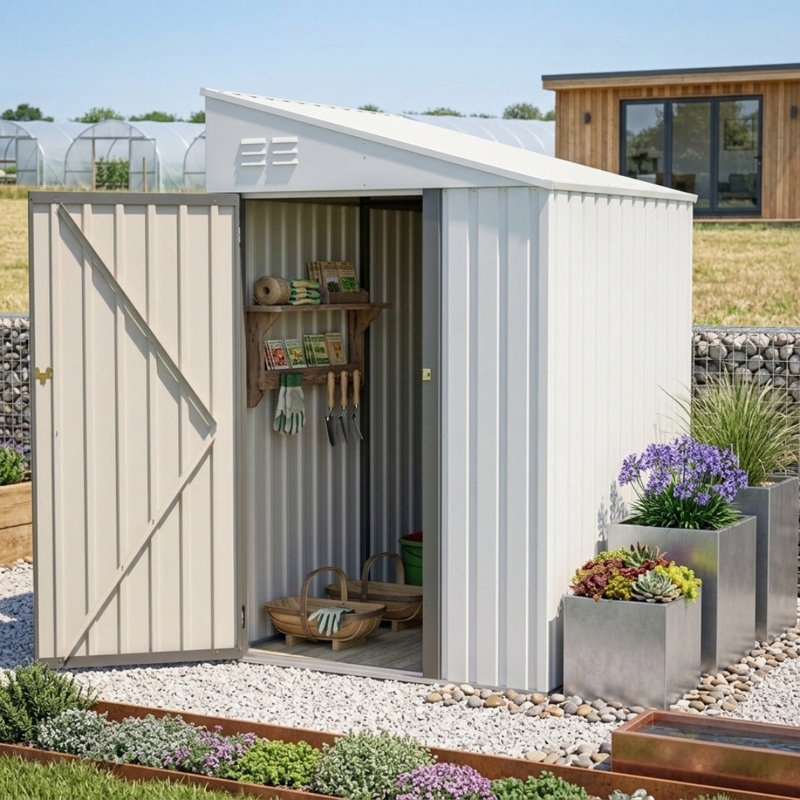 4 pi x 7 pi Remise de rangement blanche en métal galvanisé Lean-To, porte simple verrouillable, remise de vélo d'extérieur et de jardin robuste pour la cour