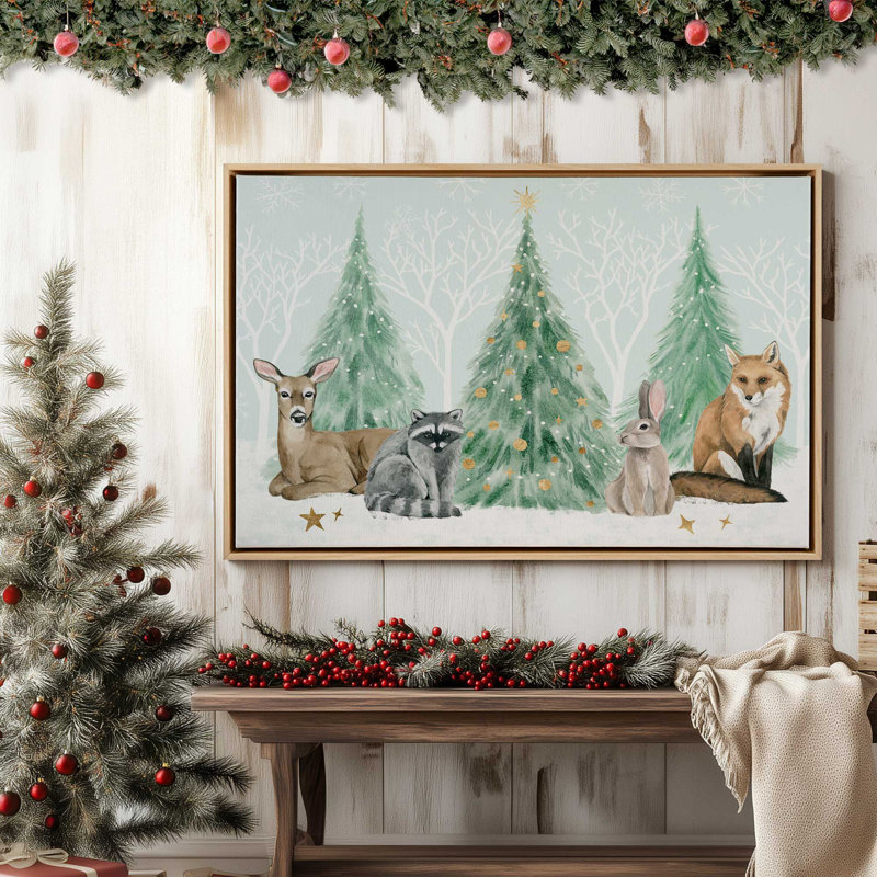 Imprimé d'arbres des Fêtes avec des animaux des bois, Encadrement brun, H 12,75 po x l 18,75 po x P 1,75 po