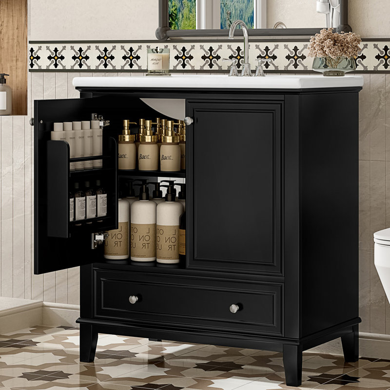 Meuble-lavabo multifonctionnel avec portes et tiroir, Noir