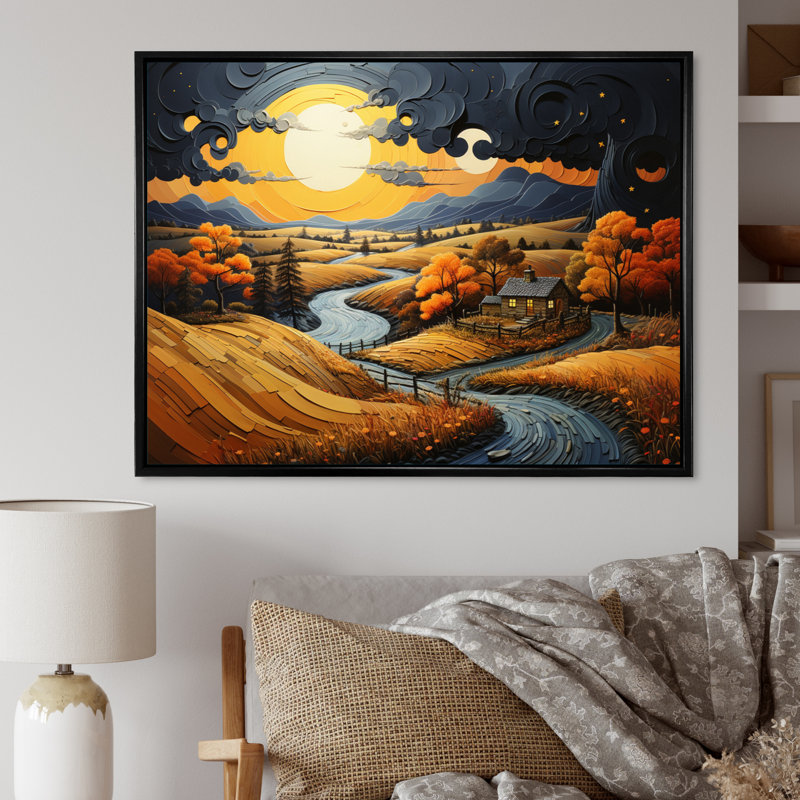 «Countryside Moody Skies Patchwork II», reproduction sur toile, H 16 po x l 32 po x P 1 po, Cadre flottant noir