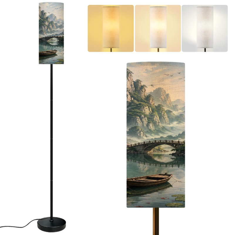  68.5" Standing Floor Lamp Serene Mountain Landscape Traditional Chinese Pavilion Arched Bridge Dimmable Metal Pole Lamp with Linen Lampshade LED Bulb Included