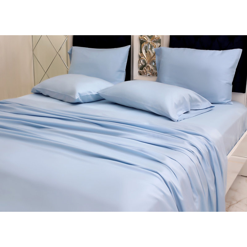 Ensemble de draps en coton pima 400 fils Luxury, Ensemble de draps pour lit double avec 2 taies d'o, Bleu