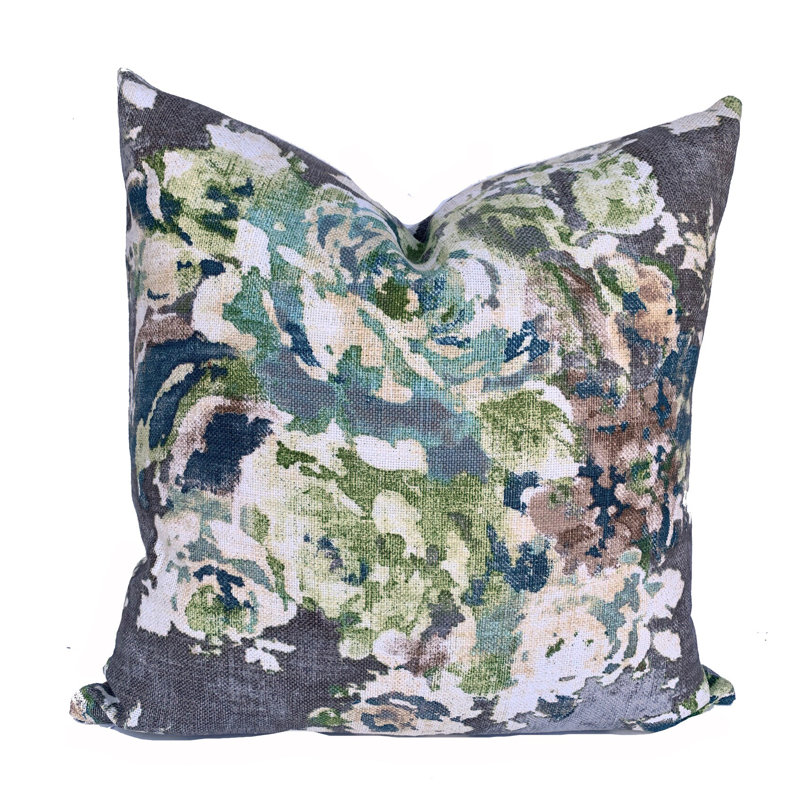 Venus Charcoal Floral Cotton Blend Reversible Pillow Cover, 19.5" x 19.5"