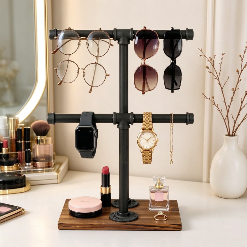 Freestanding Two Arm Towel Holder for Bathroom and Kitchen Countertop, Rustic Industrial Swivel Hand Towel Rack with Solid Wood Base