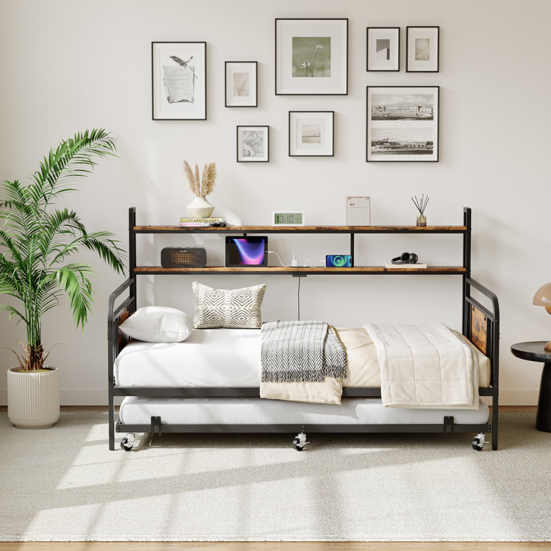 Twin Daybed with Trundle, Double Storage, Charging Station and LED Lights