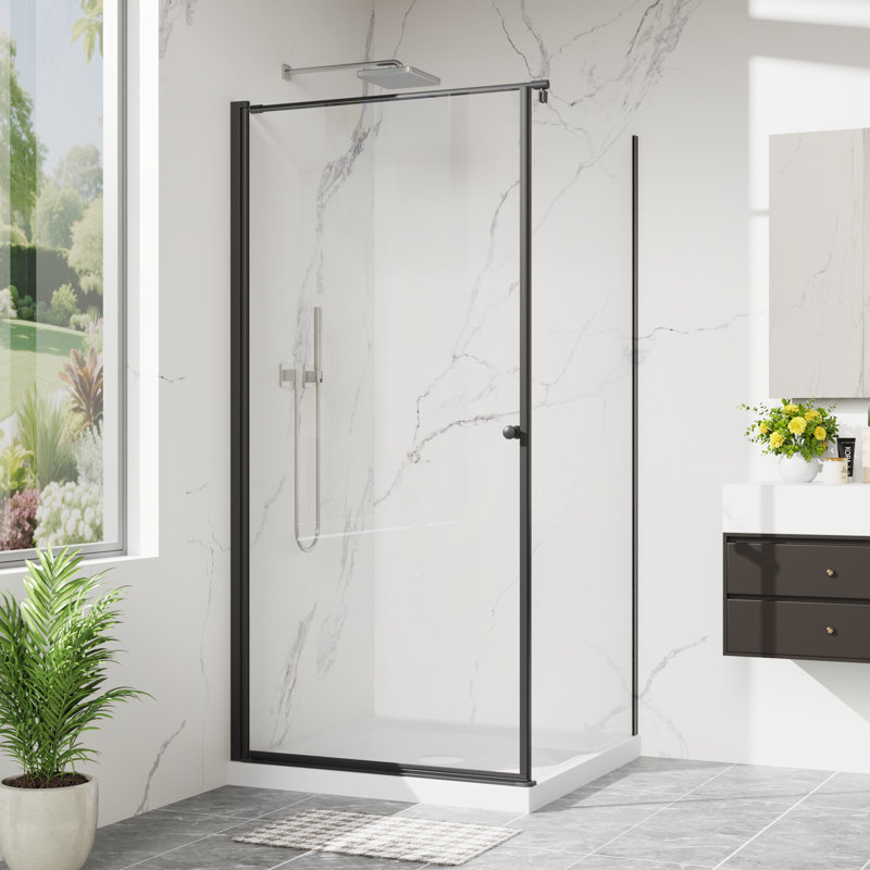 36" W x 36" D x 72" H Frameless Corner Pivot Shower Enclosure with Shower Base, White