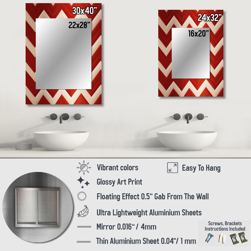 Fiery Red Chevron Passion - chevron  Decorative Mirror, Chevron Wall Mirror, Printed Metal Art, 40" x 30"