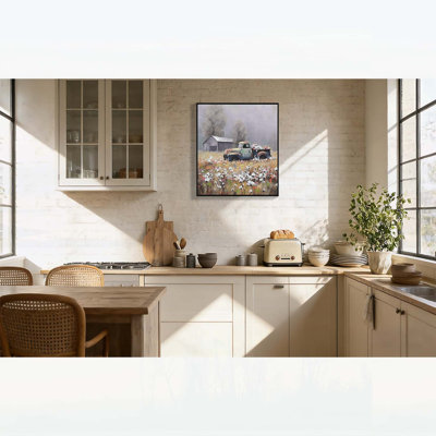 Tableau sur toile représentant un camion de ferme vintage, décor rustique champêtre avec des accents floraux, parfait pour la décoration printanière de la maison