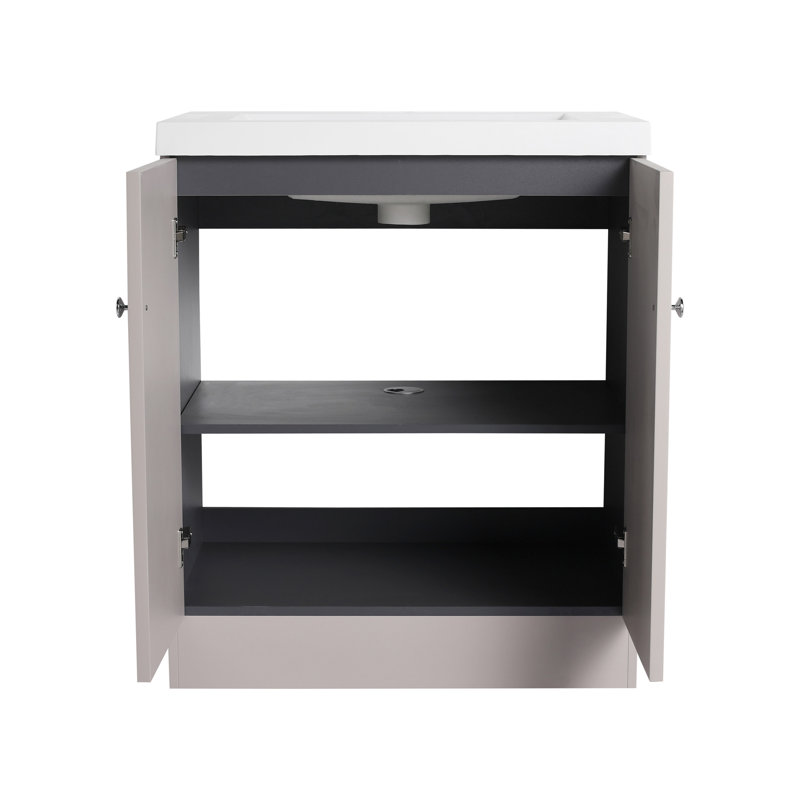 Meuble-lavabo autoportant avec lavabo en résine blanche et 2 portes d'armoire à fermeture en douceur (-emballage), 30"