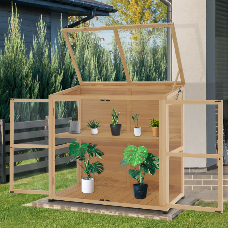 Natural Fir Wood Sliding Door Greenhouse with Polycarbonate Panels