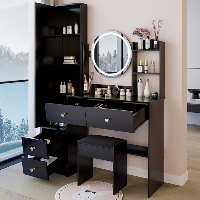 Meuble-lavabo avec miroir à DEL, tabouret et plusieurs ports de recharge pour une commodité moderne, Noir