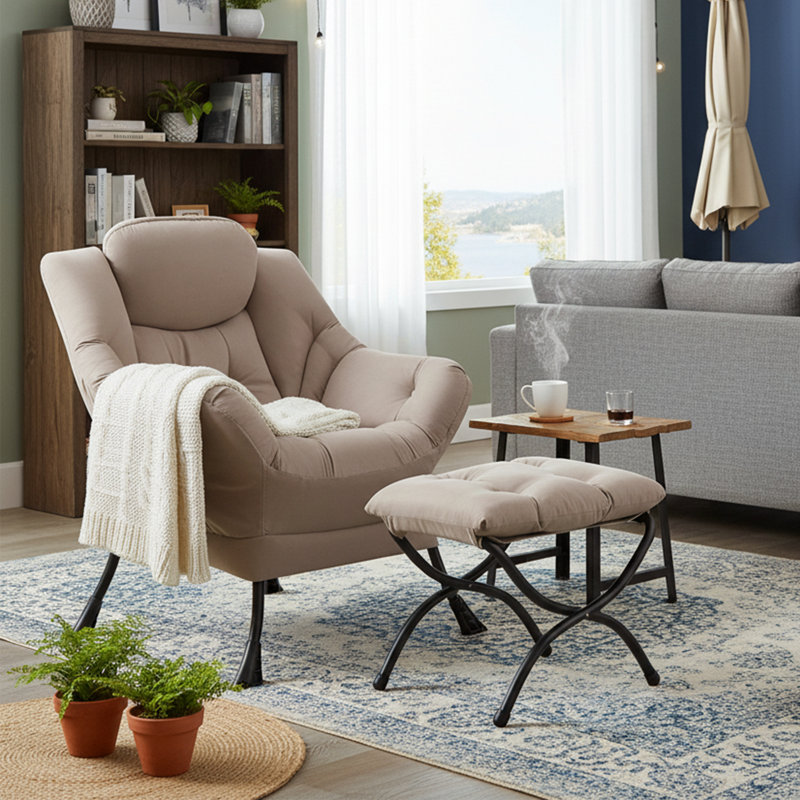 Méridienne Abramson, fauteuil d'appoint moderne avec accoudoirs et poche latérale, Khaki Cotton, Non