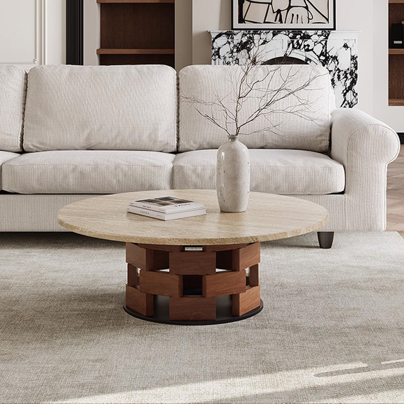 Table basse en travertin de style Wabi-sabi, H 13,77 po x L 35,43 po x l 35,43 po, Brun noisette