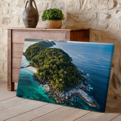 Canvas Aerial View Of A Lush Green Island Surrounded By Crystal Wall Art Clear Turquoise Waters Showcasing A Blend Of Rocky Shorelines Canvas Wall Art