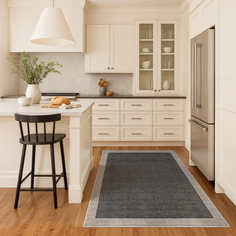 Tapis moderne à motif géométrique moderne à bordure, Noir, Rectangle 4pi x 6 pi