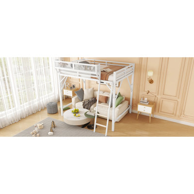 Lit mezzanine haut pour, grand lit en métal avec et tablettes supérieures, capacité de 400 lb, 54,3 pouces sous l'espace, 13 garde-corps, rangement blanc, espace, charge,