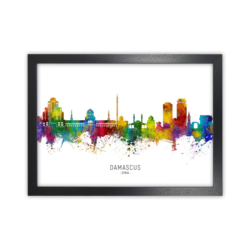 Damascus Syria Skyline by Michael Tompsett - Print, 34cm H x 46cm W x 3cm D, Black Framed